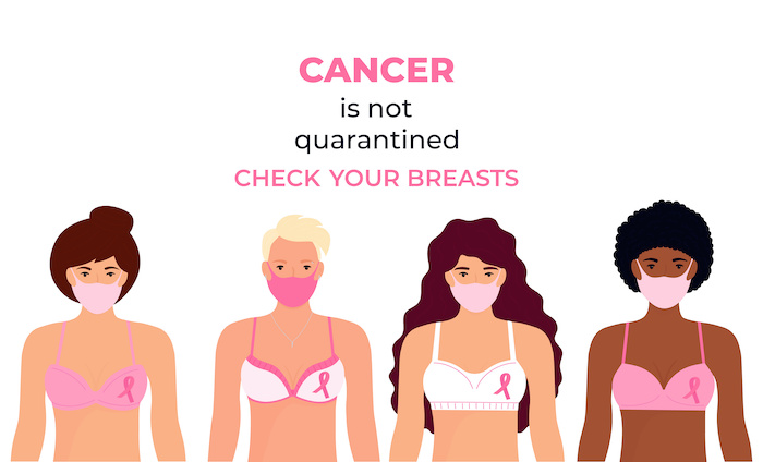 A group of diverse girls in protective medical masks are wearing bras with  pink ribbons. Check your breasts during coronavirus quarantine COVID-19.  October Awareness Month on Women's Health - Medical Associates of